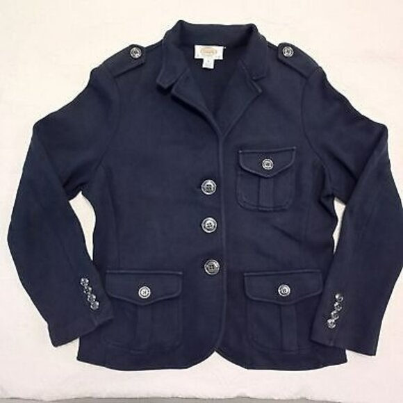 Talbots Petite Jacket Military Style Cotton M Button Front PocketsNavy Blue - Picture 2 of 11
